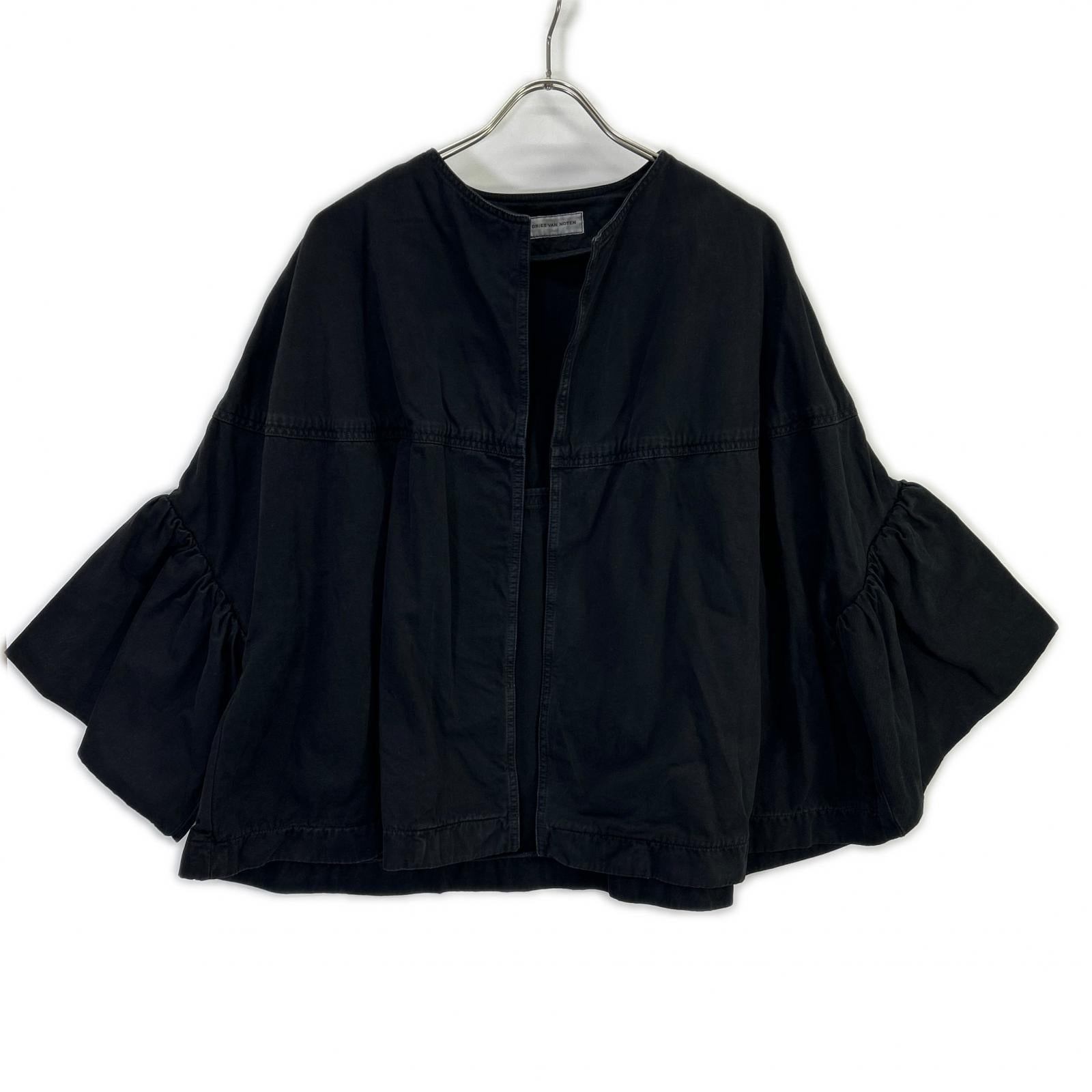 DRIES VAN NOTEN black voluminous ruffled-sleeve collarless garment-dyed jacket jacket