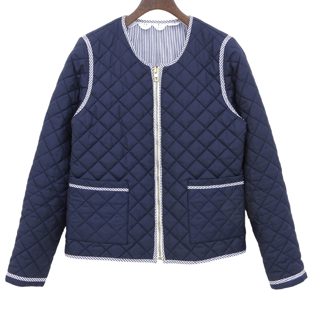 Tory Burch トリーバーチ キルティング×ストライプ ノーカラー リバーシブルジップブルゾン ジャケット レディース ネイビー S 53382 ジャケット