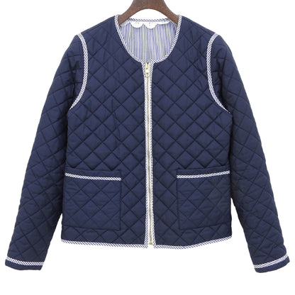 Tory Burch トリーバーチ キルティング×ストライプ ノーカラー リバーシブルジップブルゾン ジャケット レディース ネイビー S 53382 ジャケット