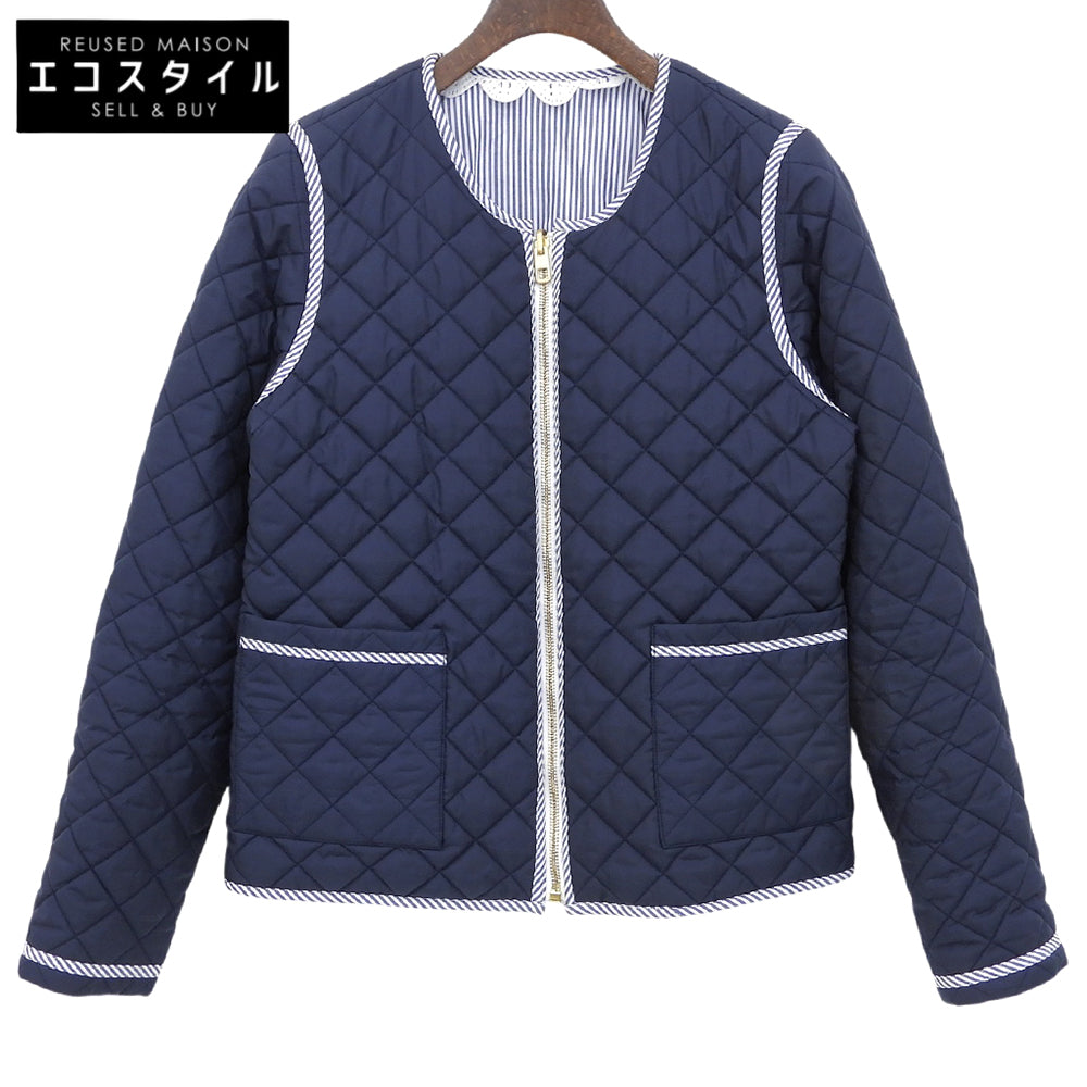 Tory Burch トリーバーチ キルティング×ストライプ ノーカラー リバーシブルジップブルゾン ジャケット レディース ネイビー S 53382 ジャケット
