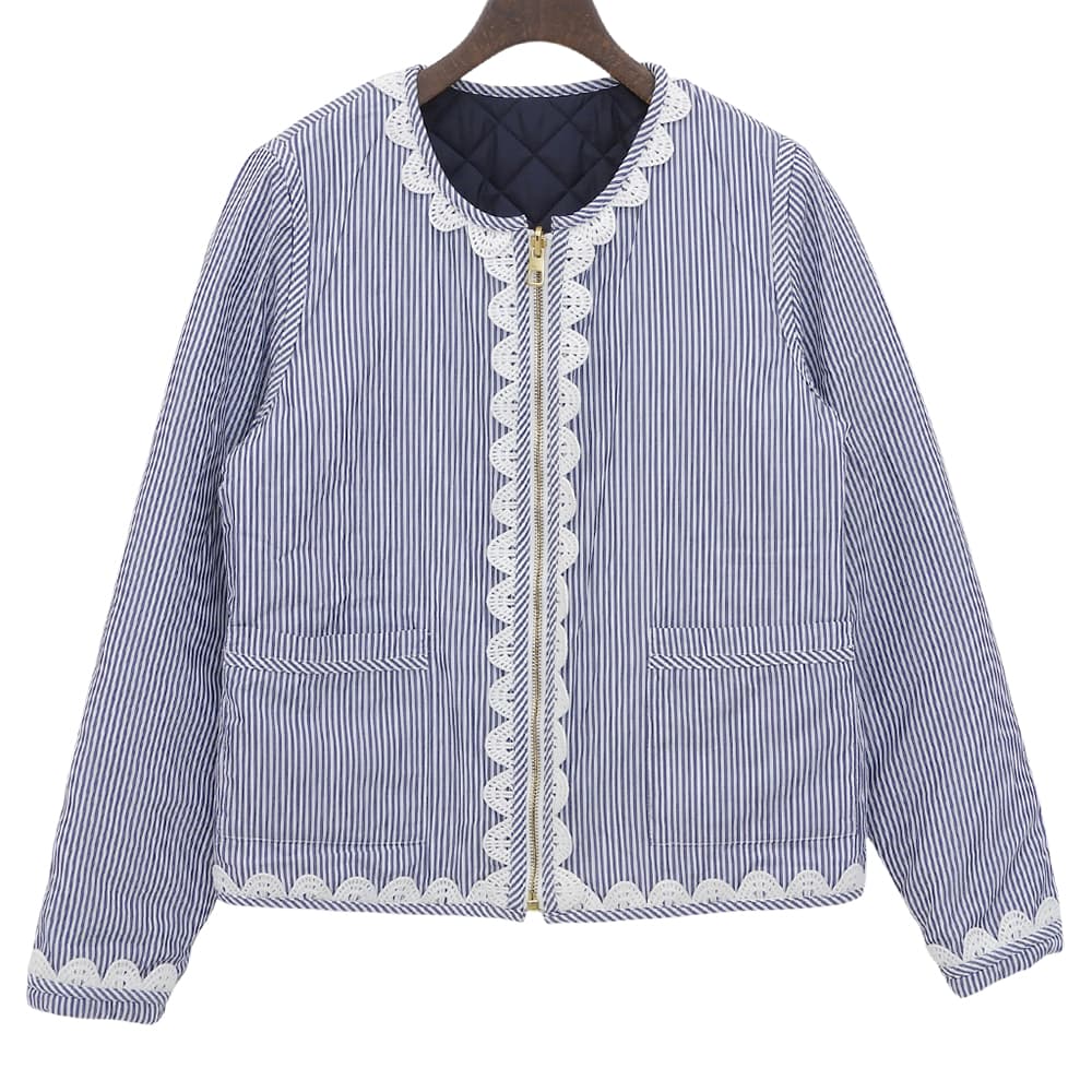 Tory Burch トリーバーチ キルティング×ストライプ ノーカラー リバーシブルジップブルゾン ジャケット レディース ネイビー S 53382 ジャケット