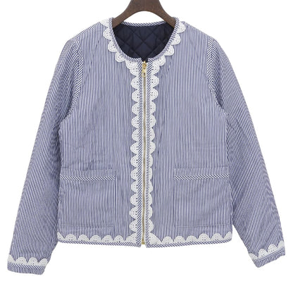 Tory Burch トリーバーチ キルティング×ストライプ ノーカラー リバーシブルジップブルゾン ジャケット レディース ネイビー S 53382 ジャケット