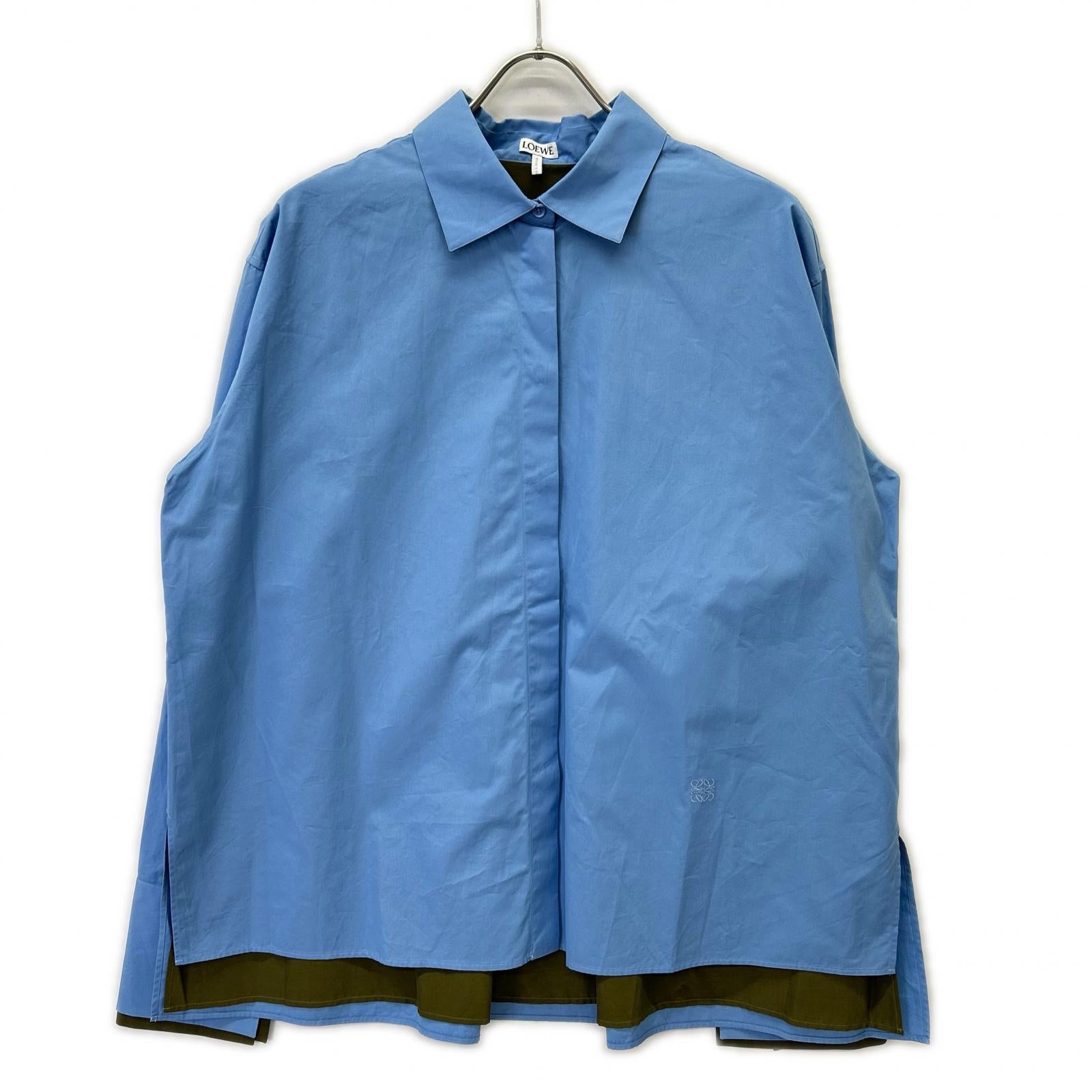 LOEWE 24AW S359Y05XBY Light blue x Khaki Cotton Anagram Embroidery Layered Design Turn-Up Shirt Top