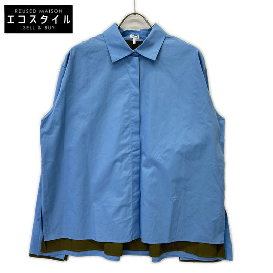 LOEWE 24AW S359Y05XBY Light blue x Khaki Cotton Anagram Embroidery Layered Design Turn-Up Shirt Top