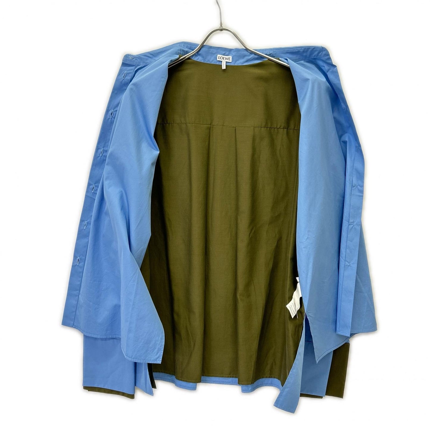 LOEWE 24AW S359Y05XBY Light blue x Khaki Cotton Anagram Embroidery Layered Design Turn-Up Shirt Top