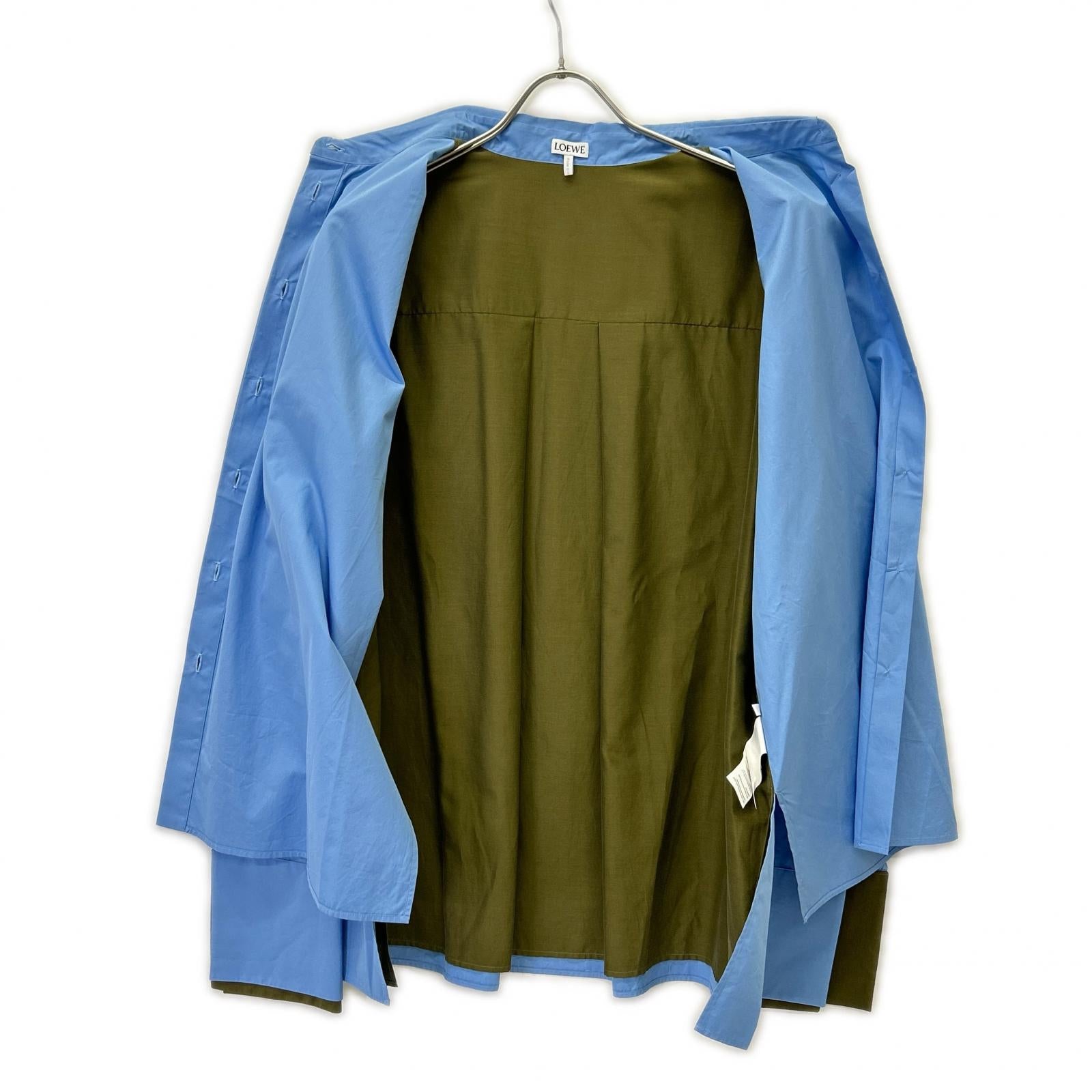 LOEWE 24AW S359Y05XBY Light blue x Khaki Cotton Anagram Embroidery Layered Design Turn-Up Shirt Top