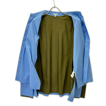 LOEWE 24AW S359Y05XBY Light blue x Khaki Cotton Anagram Embroidery Layered Design Turn-Up Shirt Top
