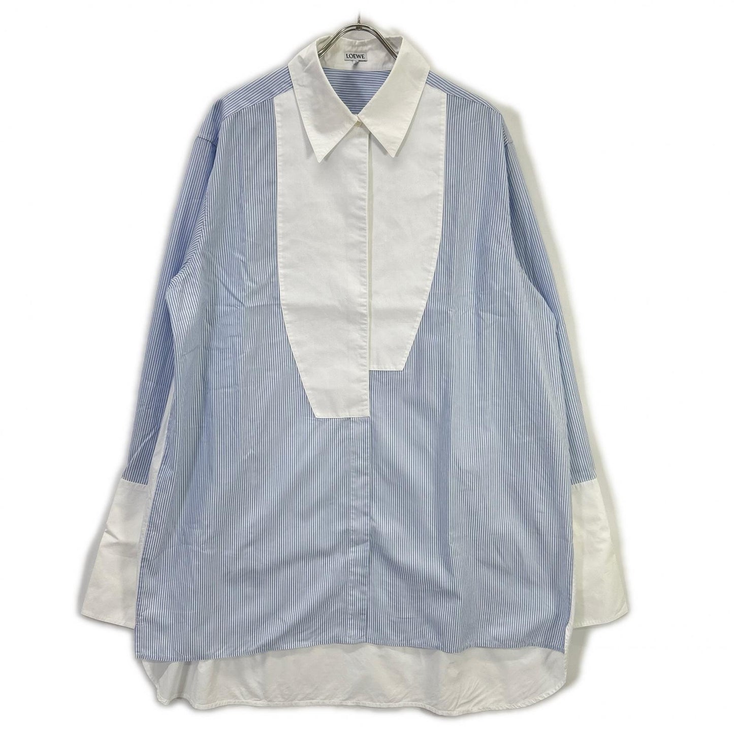 LOEWE S540Y06X62 Light Blue × White Cotton Poplin French-Cuff Asymmetrical Stripe Shirt Tops