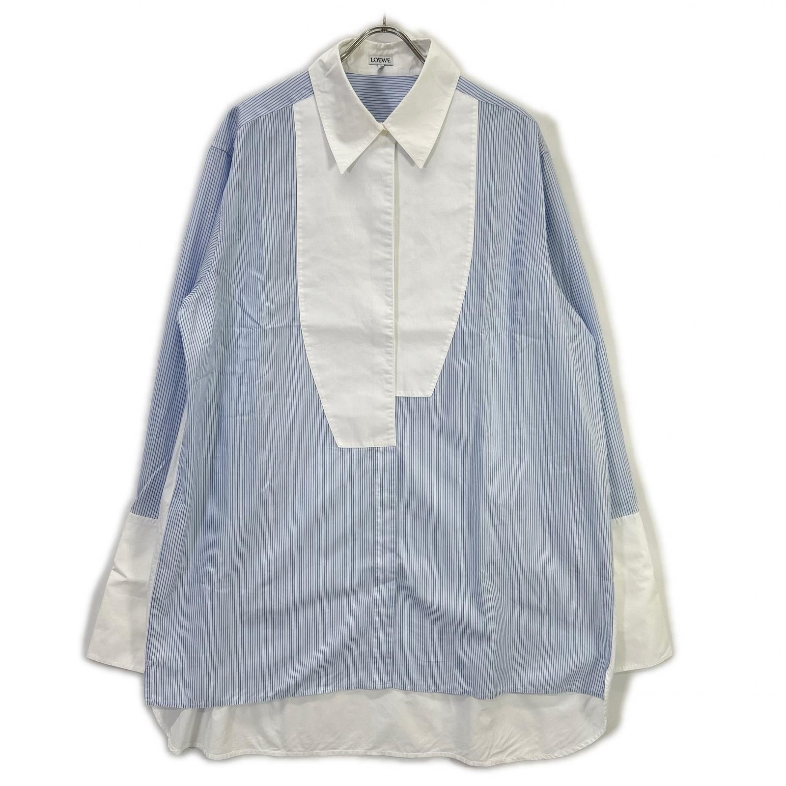 LOEWE S540Y06X62 Light Blue × White Cotton Poplin French-Cuff Asymmetrical Stripe Shirt Tops