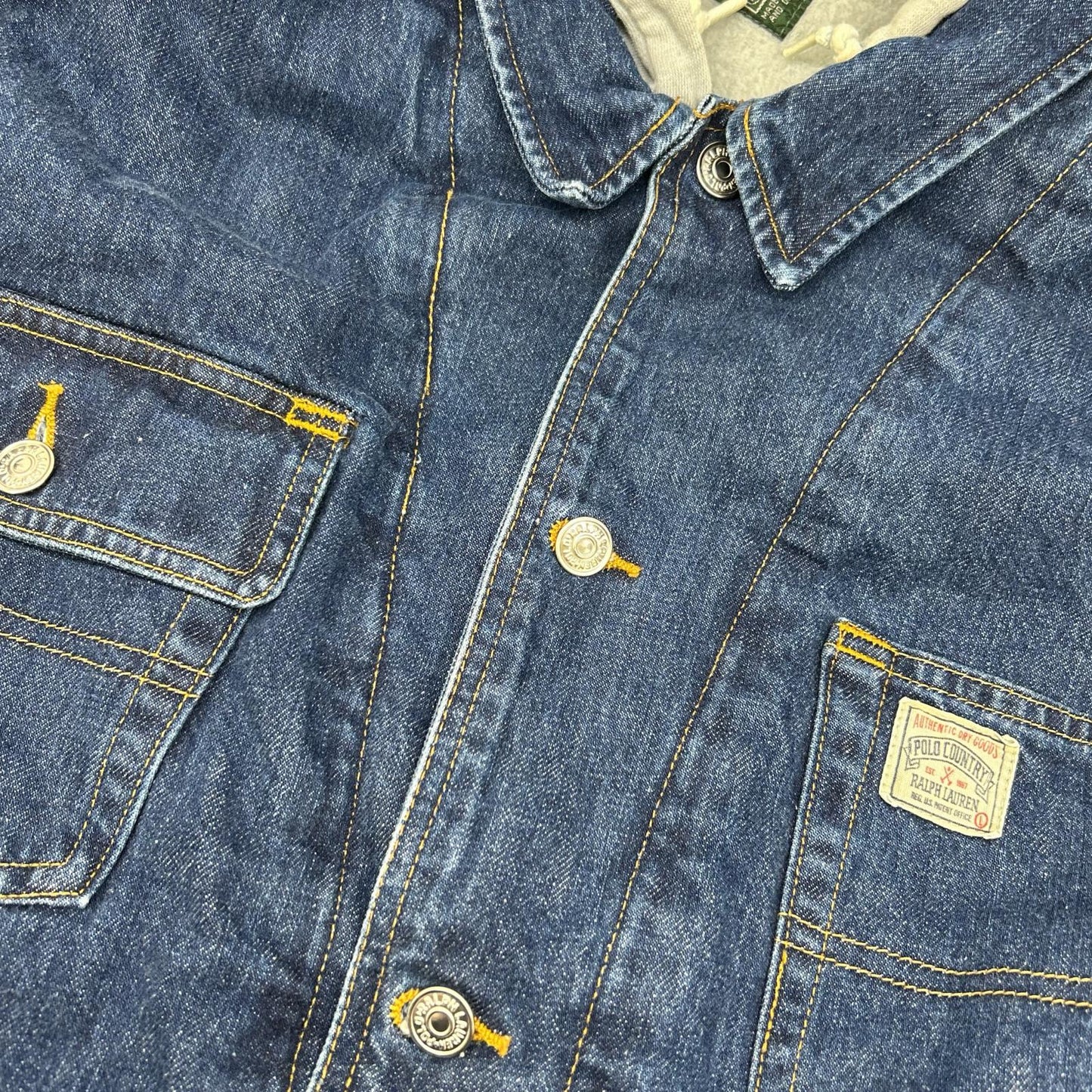 80年代靛蓝x灰色连帽拼接牛仔夹克 L码 男士