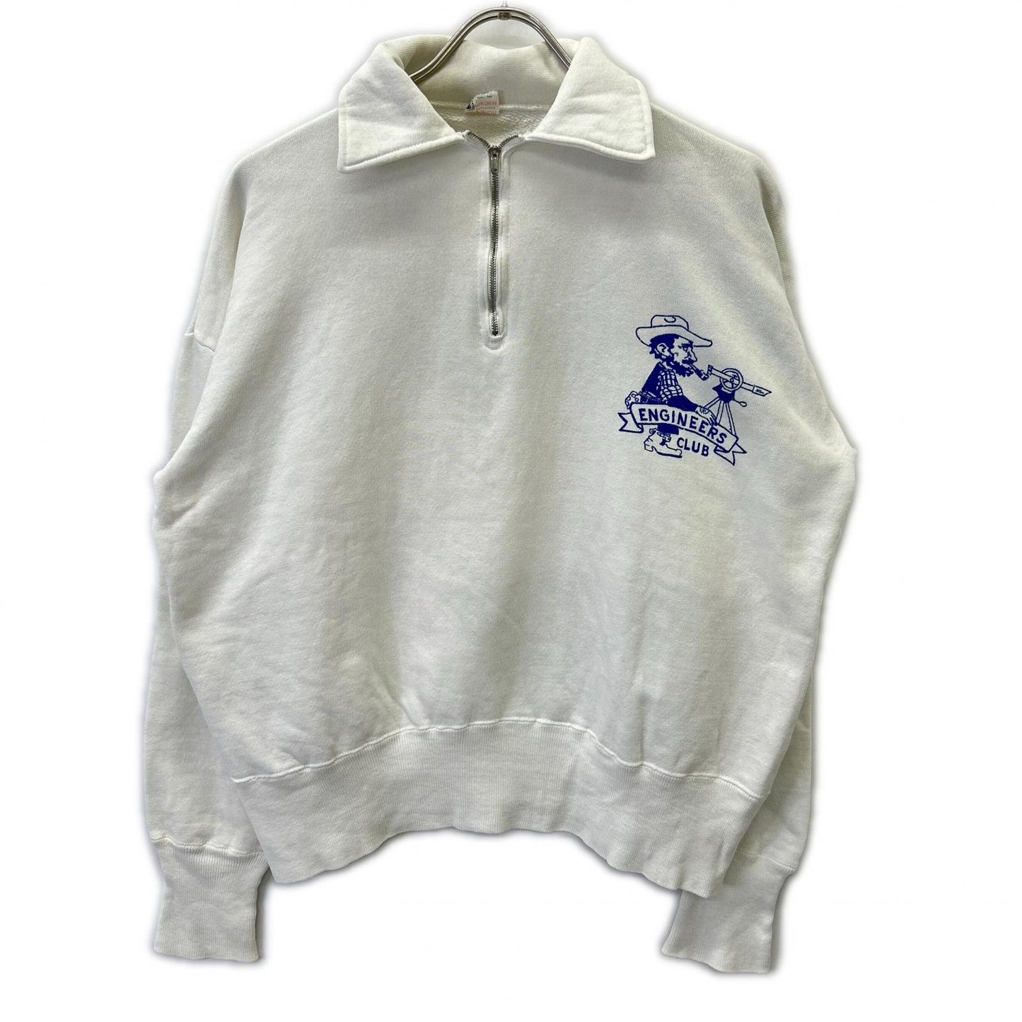 50s-60s Small Letter Rantag ENGINEERS CLUB Half-Zip Sweatshirt FALCON Single Claw Zipper Top XL Men's