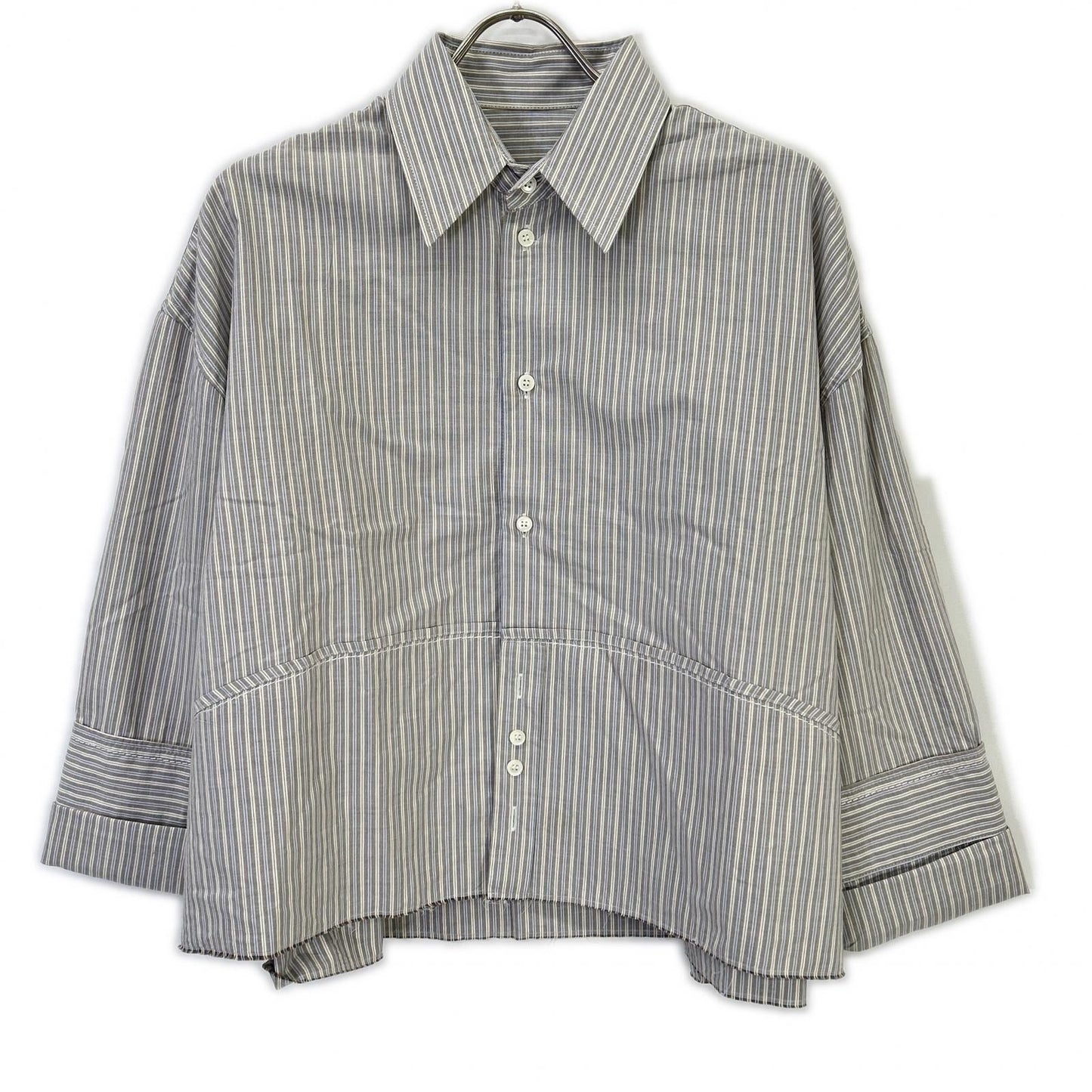 MM6 S52DL0200 Greige Cotton Cutoff Cropped Long Sleeve Striped Shirt Top