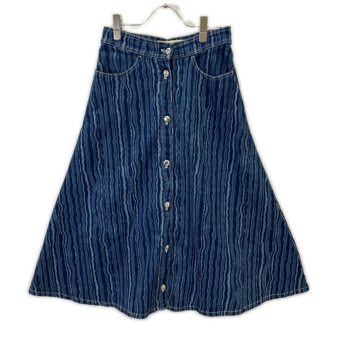 MARNI 马尼 22SS GOJD0447A0 靛蓝色棉混趣味条纹纽扣牛仔半身裙 裙子