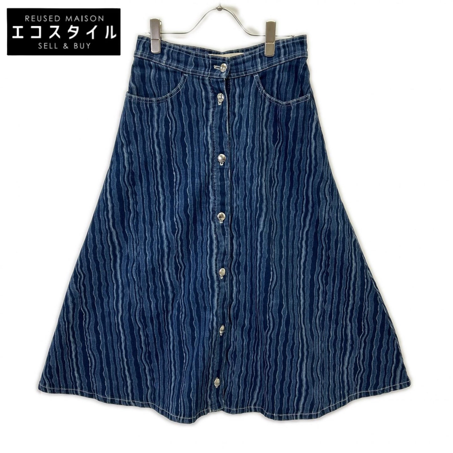 MARNI 马尼 22SS GOJD0447A0 靛蓝色棉混趣味条纹纽扣牛仔半身裙 裙子