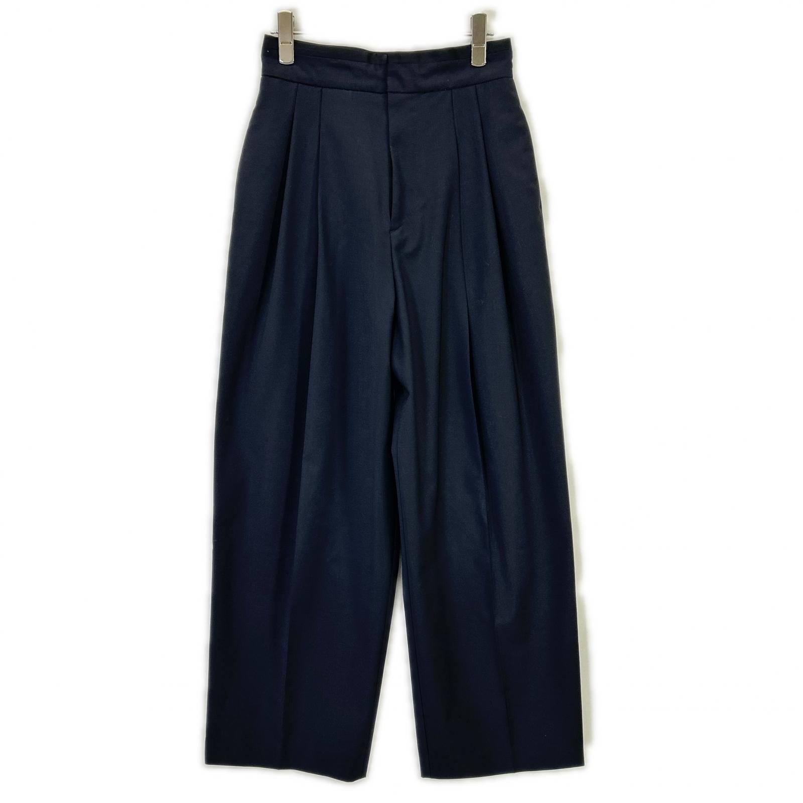 LH23SS-PT003 Navy Wool-blend High-waist Tuck Wide Straight Pants Bottoms 36 Women's