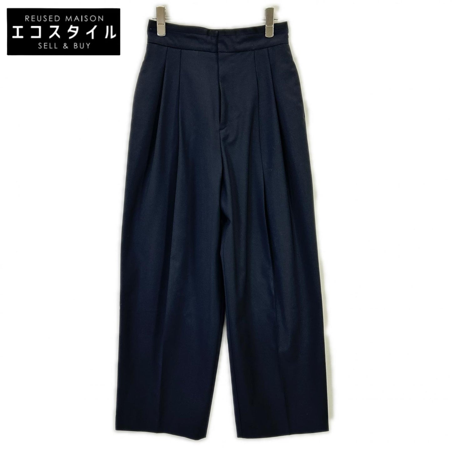 LH23SS-PT003 Navy Wool-blend High-waist Tuck Wide Straight Pants Bottoms 36 Women's