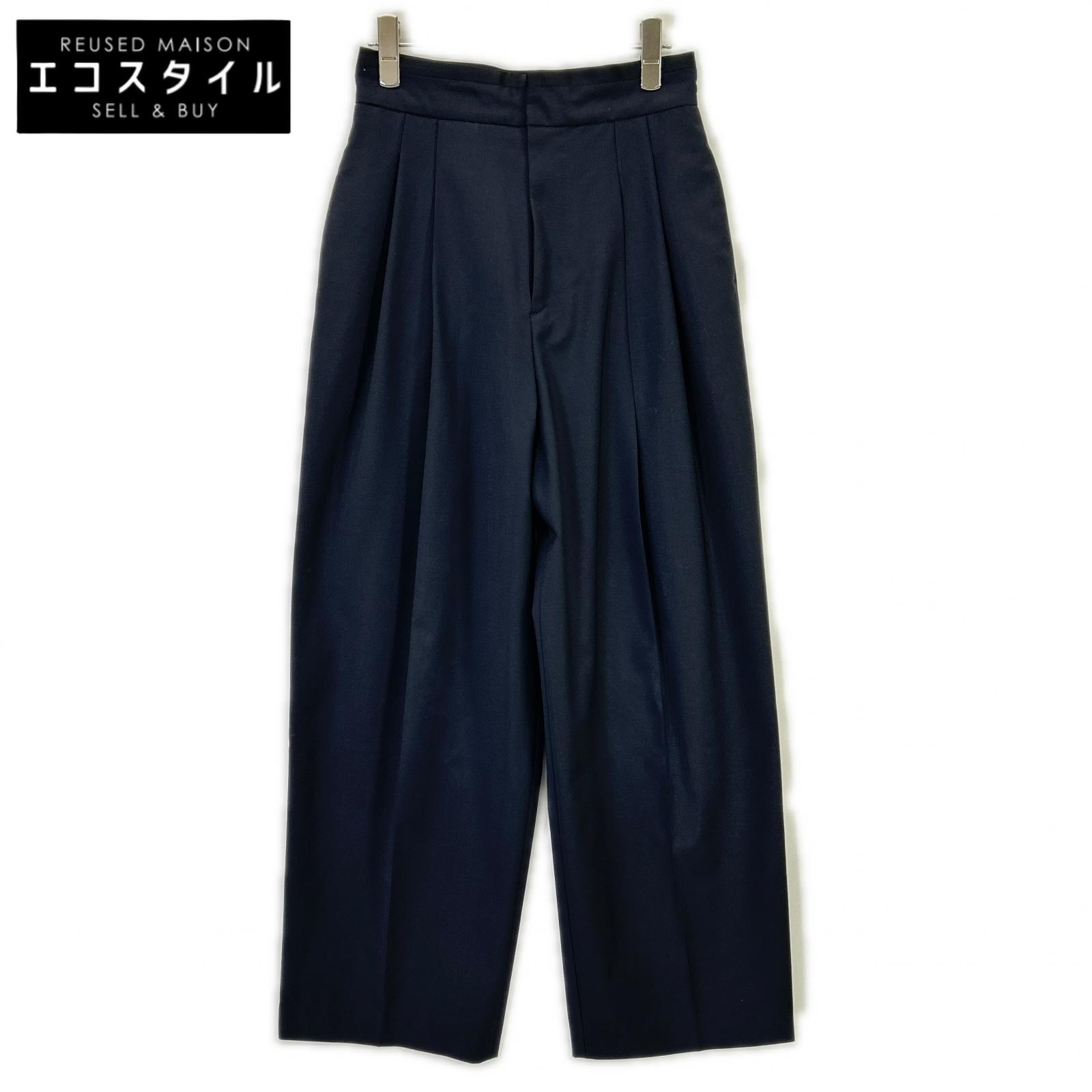 LH23SS-PT003 Navy Wool-blend High-waist Tuck Wide Straight Pants Bottoms 36 Women's