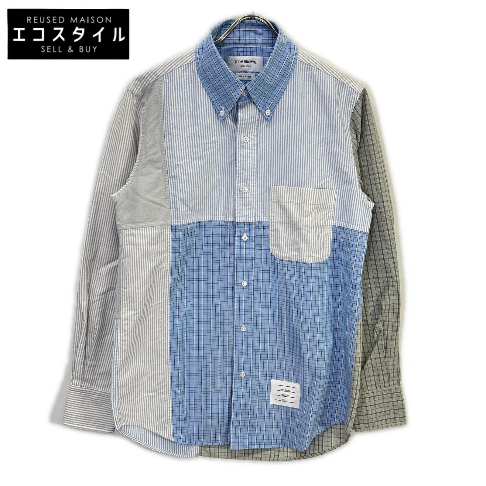 THOM BROWNE 汤姆布朗 MWL320A-07147480 浅蓝色 拼色长袖纽扣衬衫 上衣