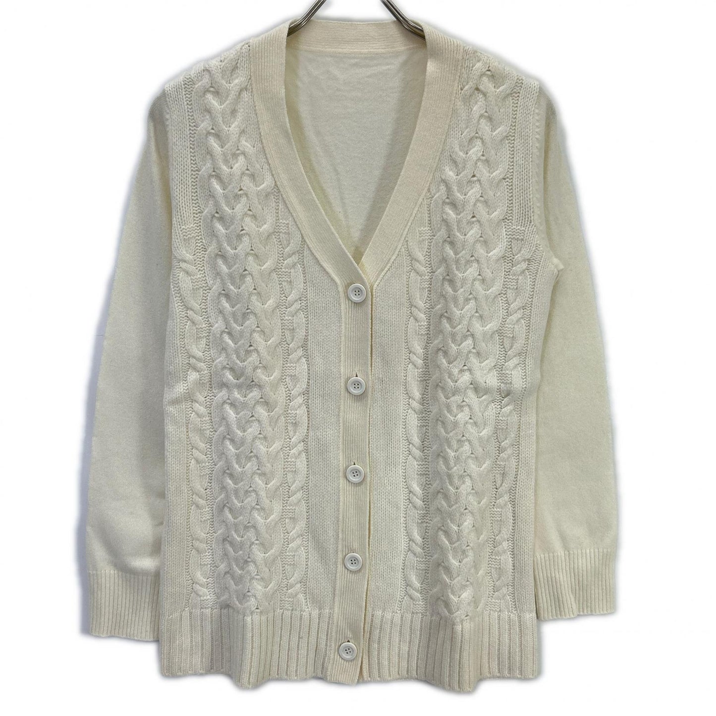 白色 100% 羊绒 长袖麻花针织开衫 上衣 M 女士