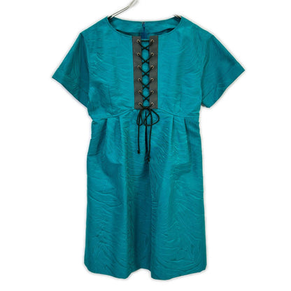 Emerald Blue All-Over Print Front Ribbon Design Short Sleeve Dress 11 Women's