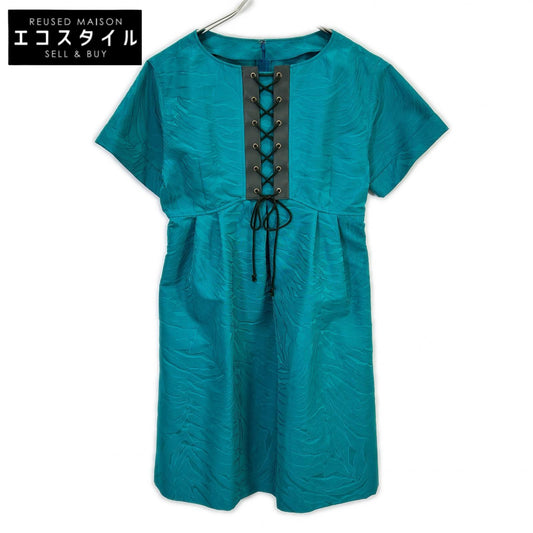 Emerald Blue All-Over Print Front Ribbon Design Short Sleeve Dress 11 Women's