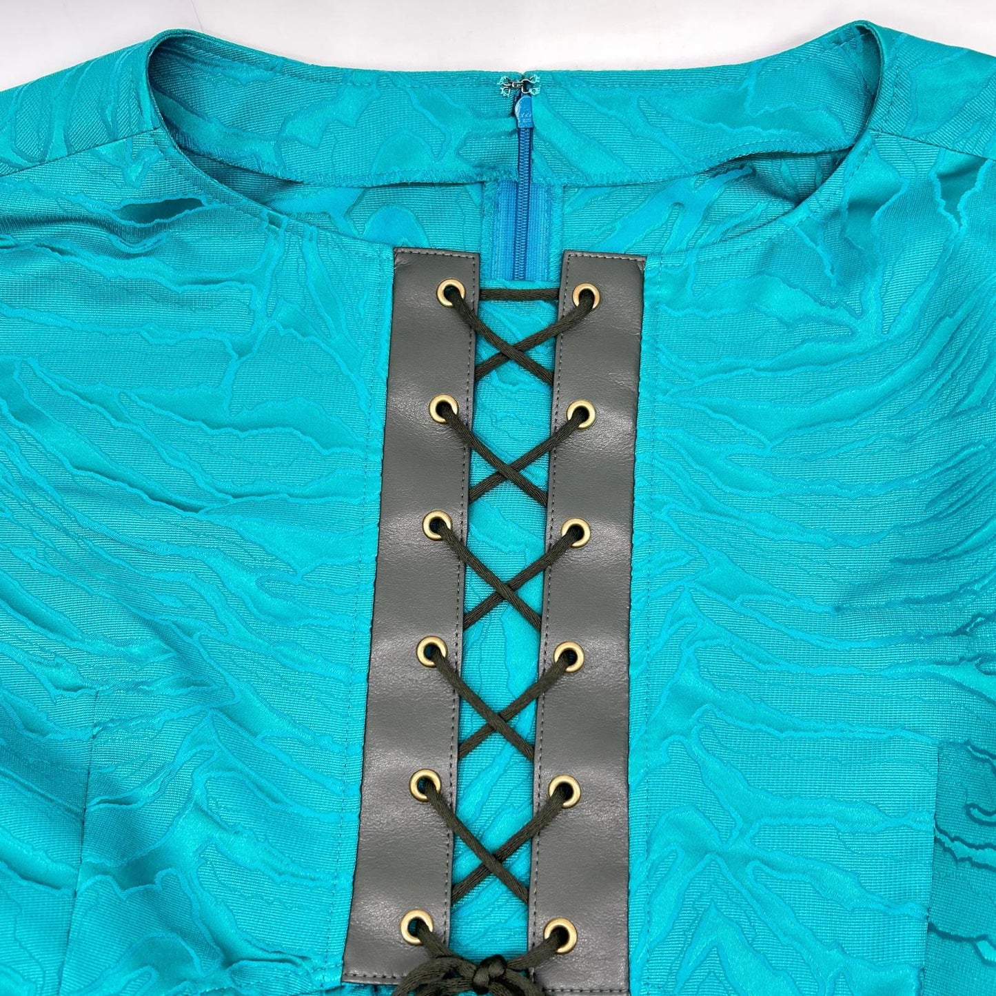 Emerald Blue All-Over Print Front Ribbon Design Short Sleeve Dress 11 Women's