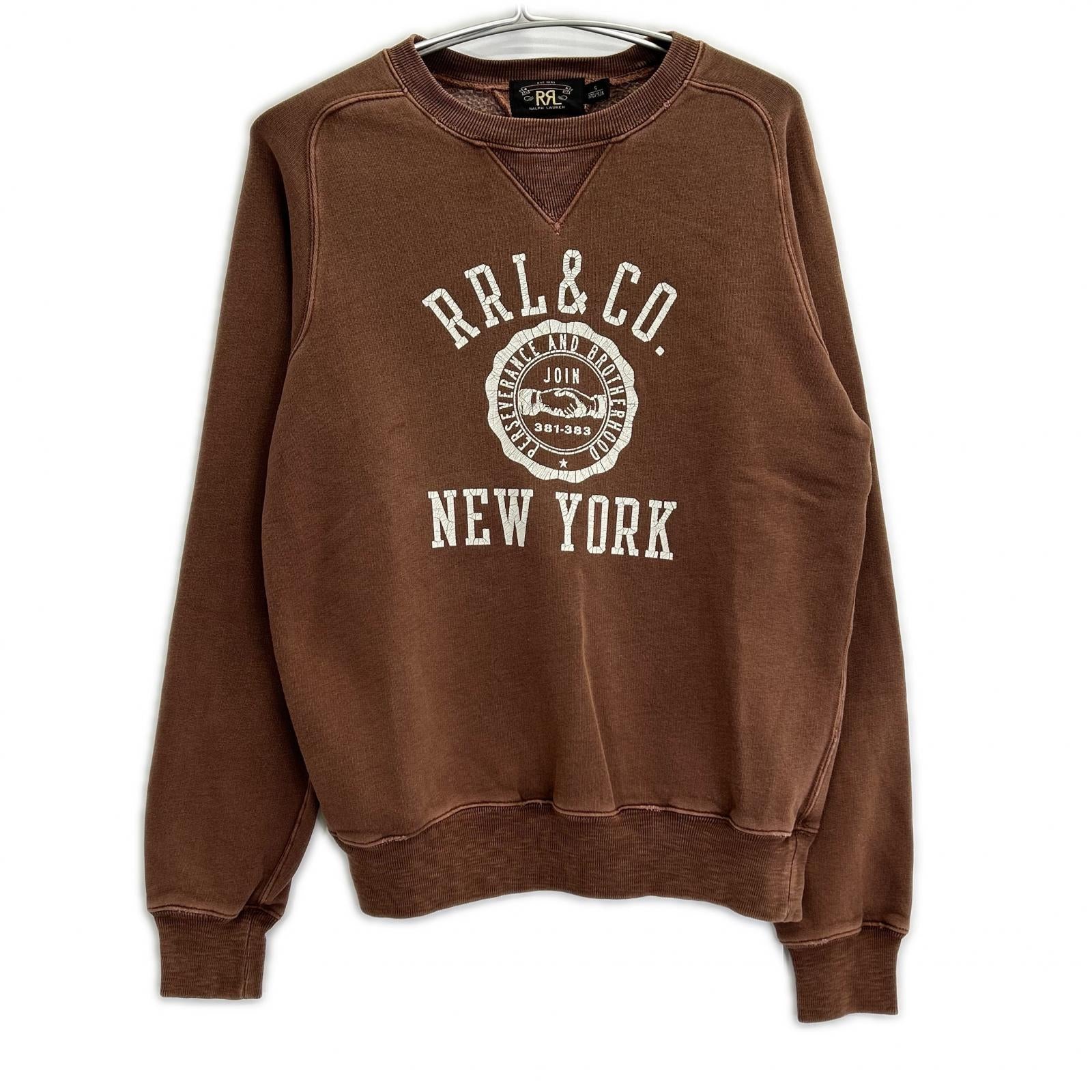 00466154 Brown Garment Dye Vintage Finish Front Logo Sweatshirt Pullover Top S Men's