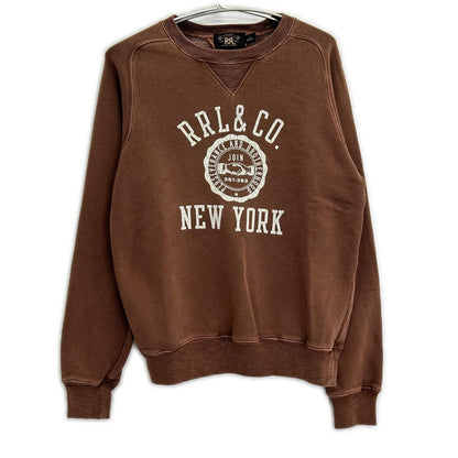 00466154 Brown Garment Dye Vintage Finish Front Logo Sweatshirt Pullover Top S Men's