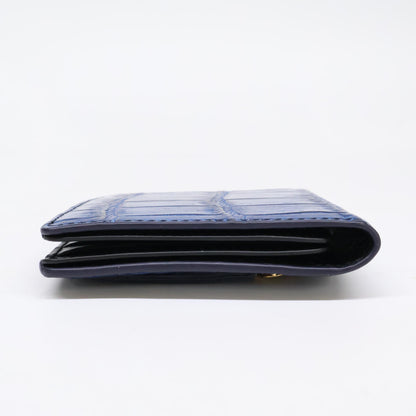 【美品】51143 藍染クロコダイル/カーフレザー 二つ折りミニ財布 二つ折り財布（小銭入れあり） メンズ