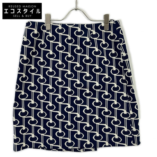 PRADA プラダ P114P 19年 ブルー×ホワイト トライアングルロゴプレート ニットジャガード総柄ラップスカート スカート