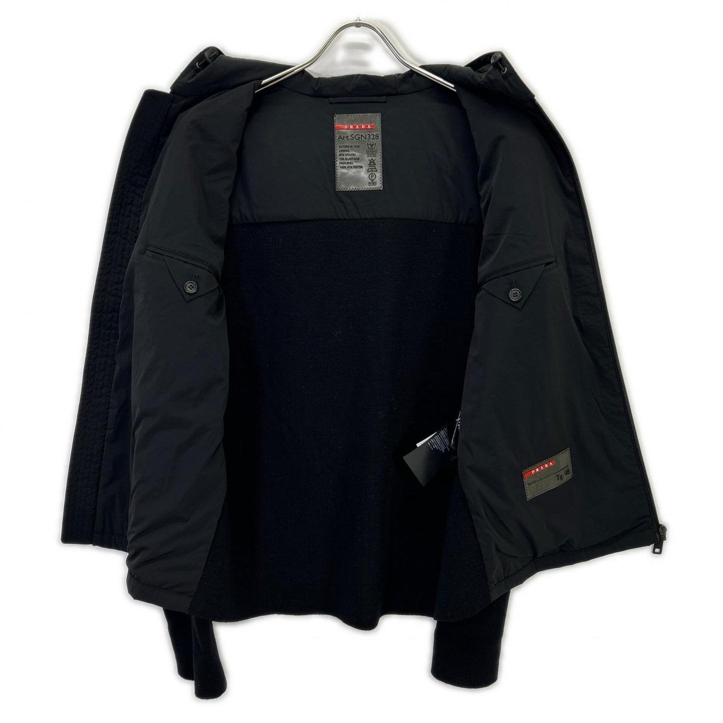 SGN328 16年 ﾌﾞﾗｯｸ ﾅｲﾛﾝ×ｳｰﾙ ｴﾙﾎﾞｰﾊﾟｯﾁ ﾆｯﾄ切替ﾌｰﾃﾞｯﾄﾞｼﾞｬｹｯﾄ ジャケット 48 メンズ