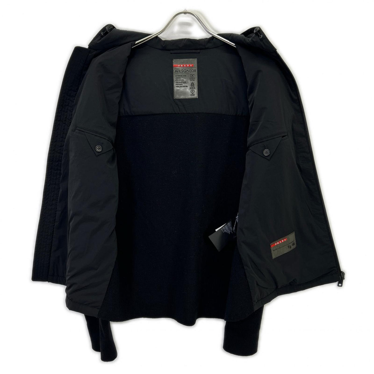 PRADA SPORT プラダスポーツ SGN328 16年 ブラック ナイロン×ウール エルボーパッチ ニット切替フーデッドジャケット ジャケット