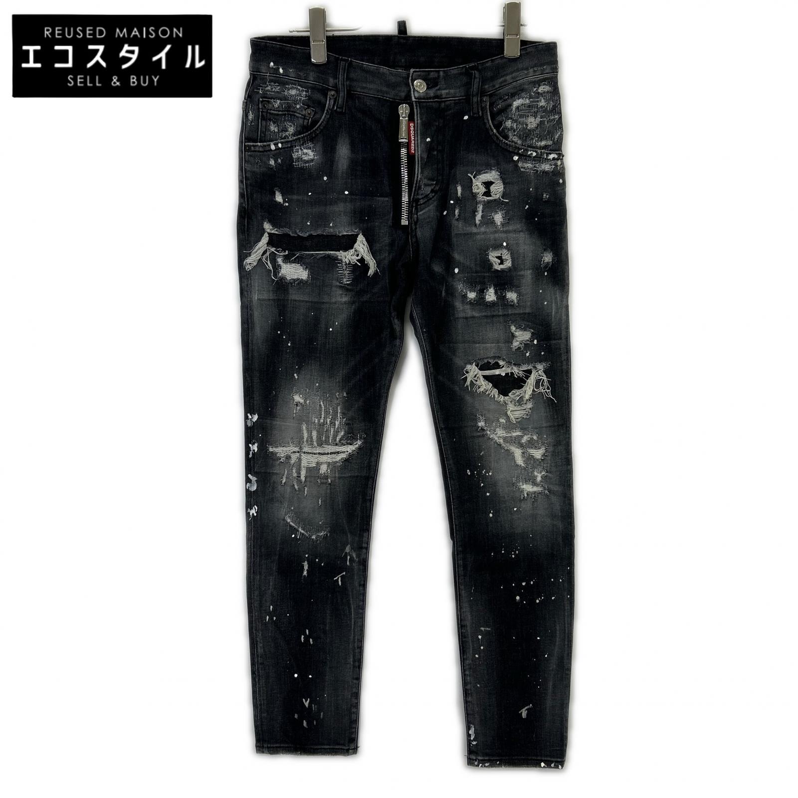DSQUARED2 S74LB0997 2021 Black Jeansy Skater Jean Paint-Distressed Skinny Denim Pants Bottoms