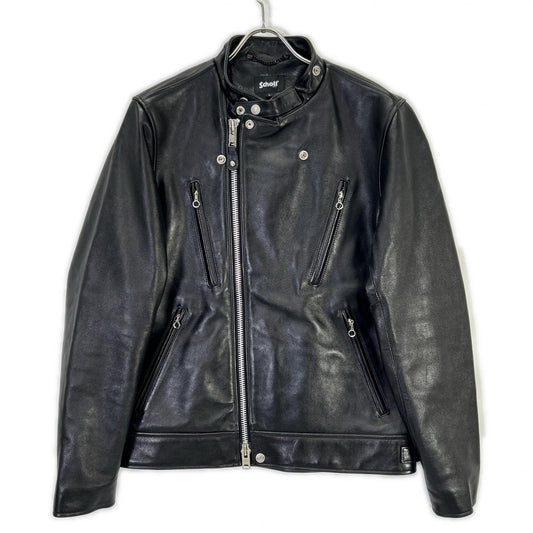 782-3950077 25年ﾓﾃﾞﾙ ﾌﾞﾗｯｸ ｼｰﾌﾟﾚｻﾞｰ 羊革 NEW DOUBLE BREAST RIDERS ﾀﾞﾌﾞﾙﾌﾞﾚｽﾄ ﾗｲﾀﾞｰｽ ジャケット L メンズ