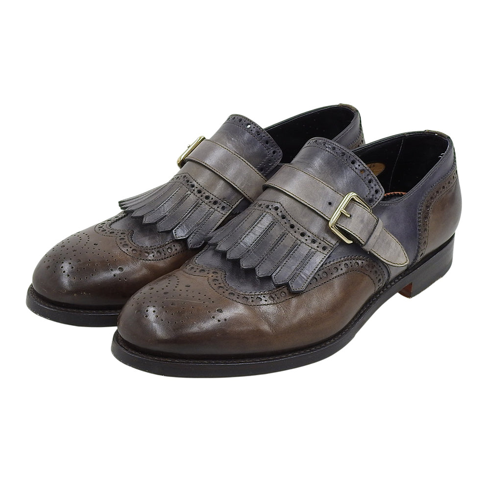 SANTONI サントーニ ブラウン×グレー ウィングチップ キルトモンクストラップ ドレスシューズ メンズ 6 1/2 シューズ