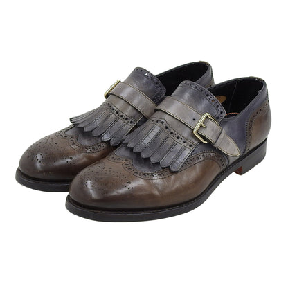 SANTONI サントーニ ブラウン×グレー ウィングチップ キルトモンクストラップ ドレスシューズ メンズ 6 1/2 シューズ