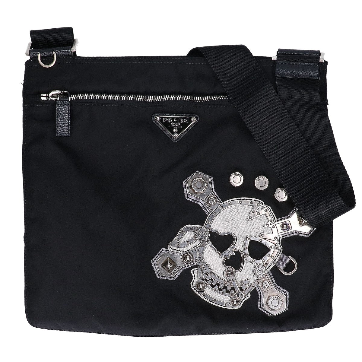 PRADA プラダ 【美品】VA0859 TESSUTO+SAFFIANO テスートナイロン/サフィアーノ メタルスカル トライアングルプレート ショルダーバッグ