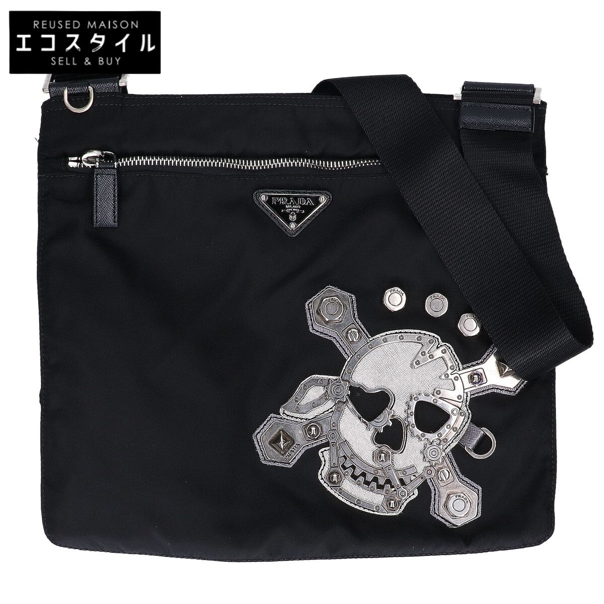 PRADA プラダ 【美品】VA0859 TESSUTO+SAFFIANO テスートナイロン/サフィアーノ メタルスカル トライアングルプレート ショルダーバッグ