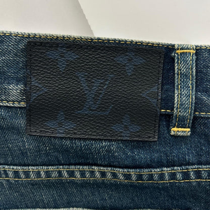 LOUIS VUITTON ルイヴィトン インディゴ LVロゴ刺繍 モノグラムレザーパッチ ジップフライデニムパンツ ボトムス