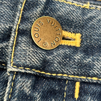 LOUIS VUITTON ルイヴィトン インディゴ LVロゴ刺繍 モノグラムレザーパッチ ジップフライデニムパンツ ボトムス
