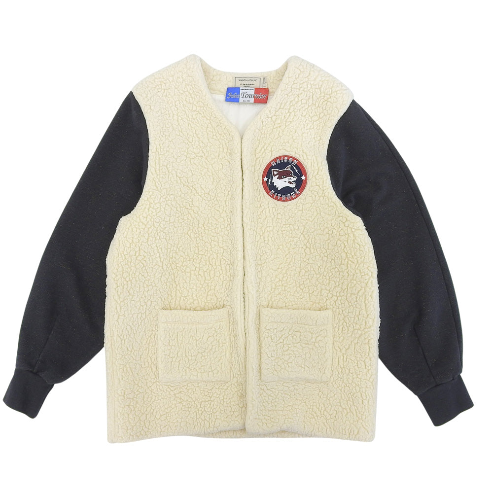 MAISON KITSUNE メゾンキツネ ネイビー×ベージュ ボア切り替え ノーカラー ブルゾン ジャケット レディース S ジャケット
