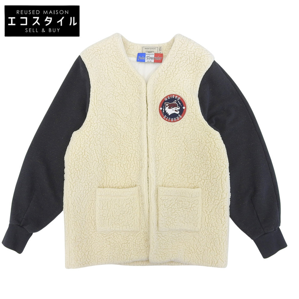 MAISON KITSUNE メゾンキツネ ネイビー×ベージュ ボア切り替え ノーカラー ブルゾン ジャケット レディース S ジャケット