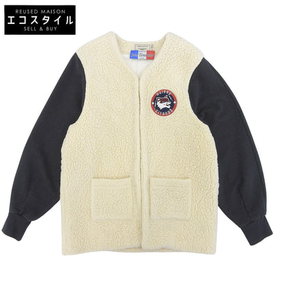 MAISON KITSUNE メゾンキツネ ネイビー×ベージュ ボア切り替え ノーカラー ブルゾン ジャケット レディース S ジャケット