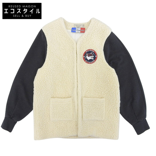 MAISON KITSUNE メゾンキツネ ネイビー×ベージュ ボア切り替え ノーカラー ブルゾン ジャケット レディース S ジャケット