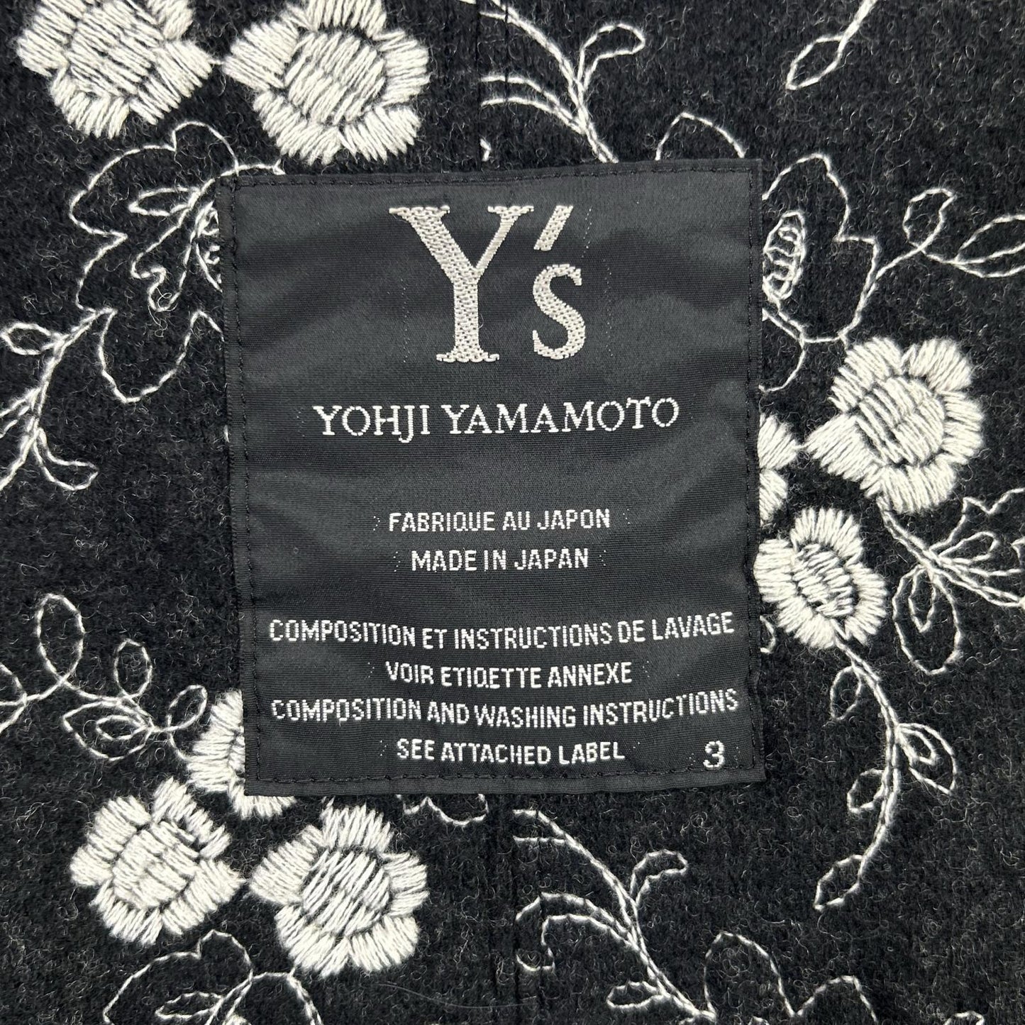 Y's YL-J25-830 黑色 丝绸×羊毛 植物图案 填充1扣夹克 夹克