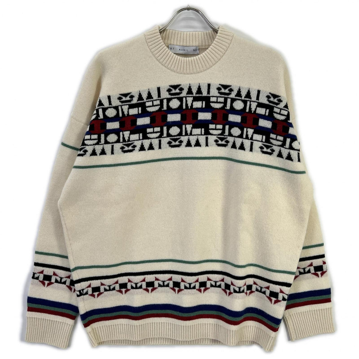 AVRIL8790 Avril 8790 White Geometric Pattern Wool-Cashmere Crew Neck Knit Top