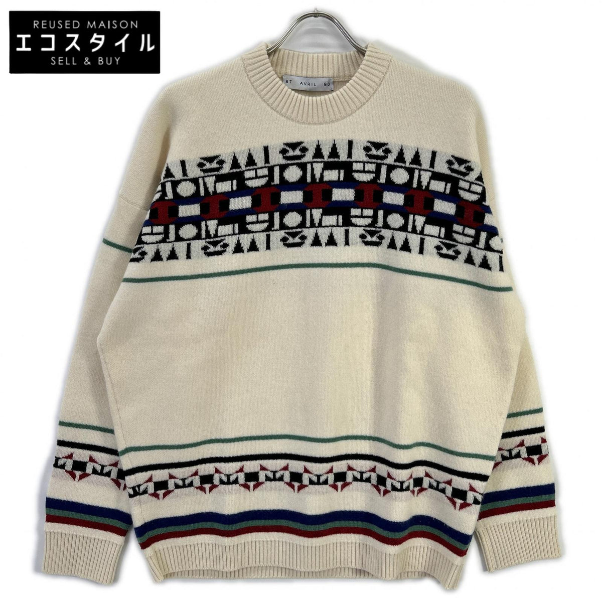 AVRIL8790 Avril 8790 White Geometric Pattern Wool-Cashmere Crew Neck Knit Top