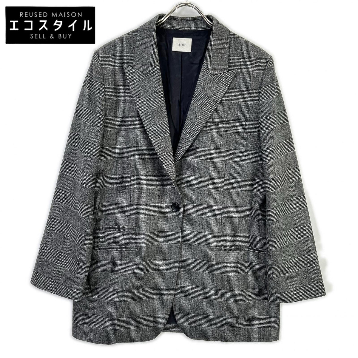 RETROVE 25-010-560-8120 Gray Wool x Cashmere Center Vent Glen Check Tailored Jacket