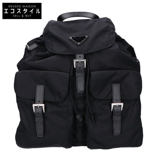 PRADA 2VZ110 2C26 Black Re-Nylon x Brushed Calf Triangle Plate 2-Way Backpack/Shoulder Bag Backpack
