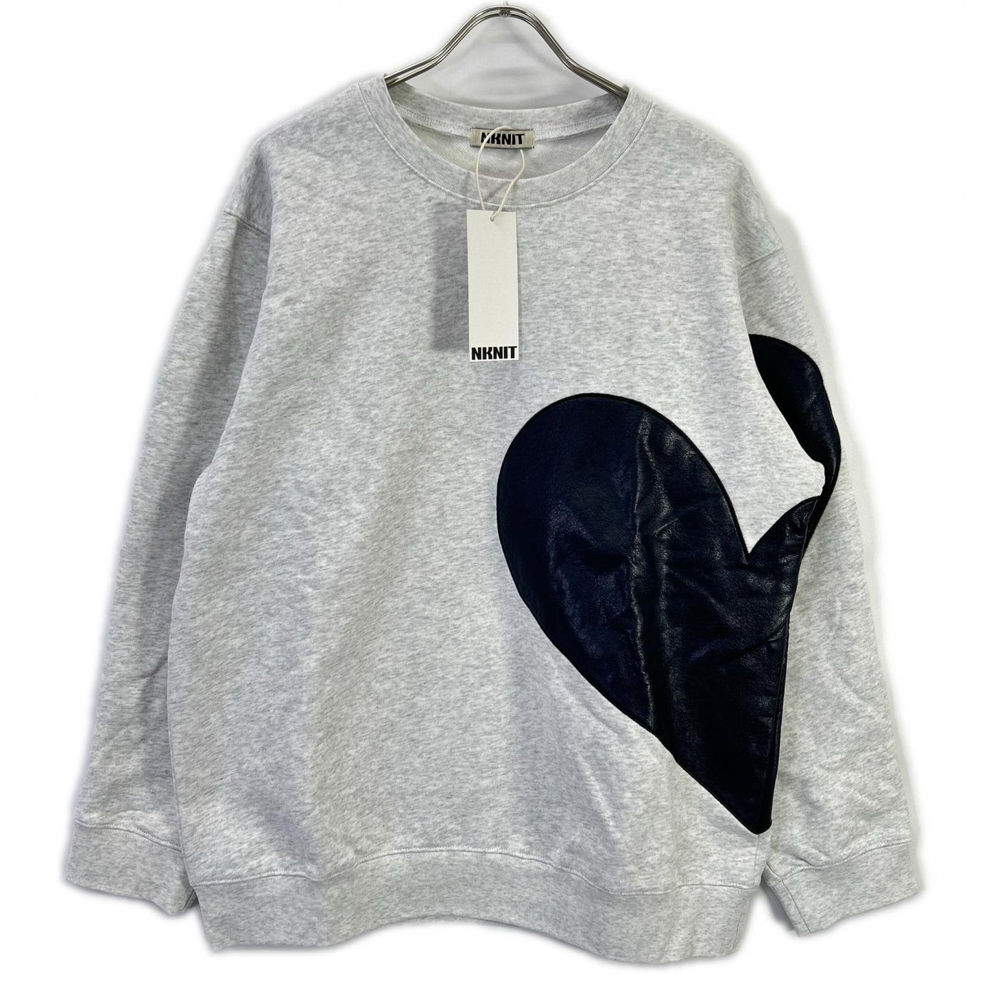 NKNIT 24AW N24-AW502 Light Gray x Navy Cotton/Leather Heart Pattern Pullover Sweat Top